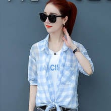 Women Spring Summer Style Cotton Blouses Shirt Lady Short Sleeve Turn-down Collar Plaid Women's Casual Loose Tops DF3519 2024 - buy cheap