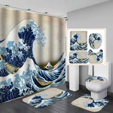 Cortina de ducha de estilo japonés con estampado de olas azules, alfombra antideslizante para baño, impermeable, poliéster, decoración del hogar, 180x180 2024 - compra barato