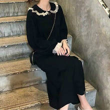 Vintage feminino peter pan colarinho preto vestido elegante retalhos manga longa a linha moda feminina vestidos plissados streetwear sólido 2024 - compre barato
