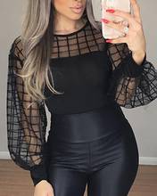 Camisa elegante de manga larga para mujer, blusa informal ajustada a cuadros negros, Tops de manga de linterna, malla de rejilla transparente 2024 - compra barato