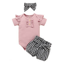 Novo bebê meninas conjunto de roupas de três peças, gola redonda manga curta macacão, shorts e touca, azul/preto 2024 - compre barato
