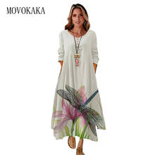 MOVOKAKA 2022 White Dress Party Summer Holiday Vintage Button Elegant Long dresses Women Casual Print Long Sleeves Dresses 2024 - buy cheap