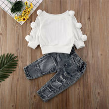 Модные От 1 до 5 лет-осенние комплекты одежды для маленьких девочек вязаный свитер с длинными рукавами и помпонами + джинсовые штаны, комплекты джинсовой одежды 2024 - купить недорого