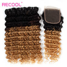 Recool Ombre Human Hair Bundles With Closure 4*4 Remy 1B 27 Color Brazilian Deep Human Hair Weave Bundles 4PCS 2024 - buy cheap