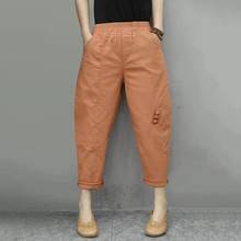 2021 New Arrival Summer Women Loose Elastic Waist Harem Pants All-matched Cotton Linen Button Patchwork Calf-length Pants W100 2024 - buy cheap