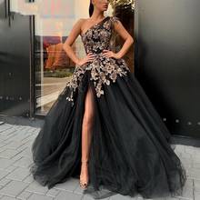 Модные черные платья-пачки на одно плечо для выпускного вечера, пикантные официальные платья с высоким Боковым Разрезом, 3D золотистые Цветочные Фотообои 2024 - купить недорого