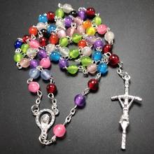 freeship 3pcs/set multicolor catholic Rosary necklace,beautiful 6mm faux cat eye bead rosary,pendant Necklace virgin mary center 2024 - buy cheap