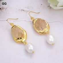 GuaiGuai Jewelry Natural Citrine Raw Rough Cultured White Rice Pearl Hook Earrings 2024 - buy cheap