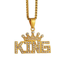 Corrente de aço inoxidável com pingente king, colar hip hop, iced out, letras, coroa, cor dourada, para homens, mulheres, zircônio cúbico, joias com brilho 2024 - compre barato