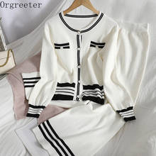 Spring Knitted Tracksuits Korean Style Button Cardigan Top + Wide Leg Pants Contrast Color Striped Two-piece Set Women 2024 - buy cheap