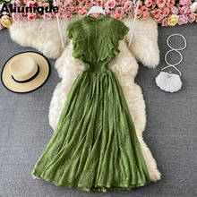 Aliunique New Lace Midi Dress for Women Vintage Fashion O-neck Short Sleeve Ruffle Loose Elegant Dress High Waist Slim Robe INS 2024 - buy cheap