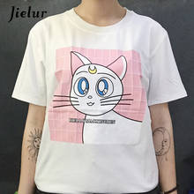 Jielur кавайный мультипликационный котик футболки на любой вкус с буквенным принтом летняя Корейская Милая футболка для девочек свежий черно-белый шикарный топ 2024 - купить недорого