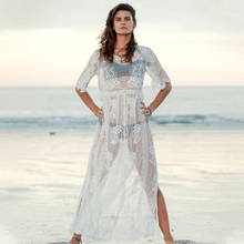2022 Sexy See Through Open Back O-neck Summer Beach Dress White Lace Tunic Women Plus Size Sheer Beachwear Maxi Dress N1136 2024 - buy cheap