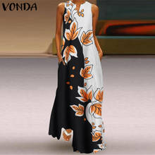 Long Maxi Dress 2021 VONDA Women Pleated Sexy Sleeveless V Neck Floral Printed Dresses Femme Bohemian Vestidos Oversized Robe 2024 - buy cheap