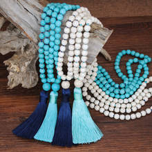 Luxury Natural Turquoises Beads Knotted Long Tassel Necklaces for Women Blue Stone Statement Choker Necklace Boho Chain Jewelry 2024 - buy cheap