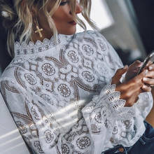 Women Casual Elegant Lace Hollow Out Blouse Long Sleeve Stand Collar Solid Office Lady Shirt 2019 Autumn New Fashion Women Tops 2024 - buy cheap