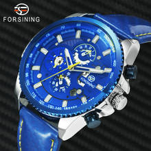 FORSINING-reloj deportivo automático para hombre, cronógrafo mecánico de marca de lujo, con correa de cuero azul, calendario 2024 - compra barato