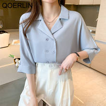 QOERLIN Summer Ladies Shirts Elegant Double-Breasted New Style Chic V-neck Half Sleeve Satin Shirt Women Loose Casual Solid Tops 2024 - buy cheap