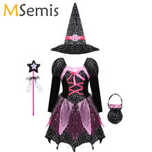 Kid Girls Halloween Witch Costume Sparkly Silver Stars Printed Carnival Cosplay Dress with Pointed Hat Wand Dress Up Clothes 2024 - buy cheap