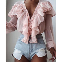 Womens Chiffon Autumn Loose Shirts Ruffle Deep V-Neck Trim Pink Blouses Office Lady Elegant Blouse Holiday Wear 2024 - buy cheap