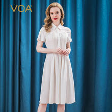 Платье VOA из шелка и жаккардовой ткани, 22 мм, чистый белый материал, с мелким отворотом, с короткими рукавами, с темной пряжкой, со складкой на талии, A21 2024 - купить недорого