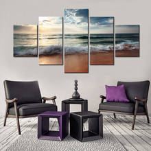 Pintura en lienzo de paisaje marino para decoración de sala de estar, arte moderno de playa con olas, póster HD, 5 paneles 2024 - compra barato