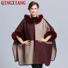 2019 Wine Red With Khaki Poncho Long Faux Fur Neck Coat Women Loose Cardigan Winter Warm Thick Outwear Batwing Sleeves Big Cloak 2024 - buy cheap