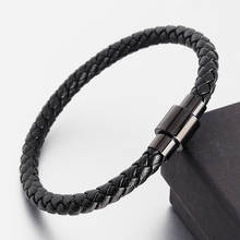 Pulsera de cuero trenzado para hombre, brazalete de cuero con cierre magnético de acero inoxidable, color negro, sencillo, regalo de joyería 2024 - compra barato