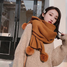 2019 Winter New Female Knitted wool  Scarf Women Scarves Solid Long Shawl With Fur Ball Wrap Blanket Warm Tippet wholesale 2024 - buy cheap