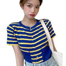 Korean Style Stripes T-shirt Summer Korean Style Button Cardigan Casual Short-sleeved Single-breasted Tee Shirt 2024 - buy cheap