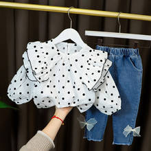 Conjunto infantil de bolinhas e calças jeans, roupas para meninas primavera e outono, traje de princesa casual, de 1 a 4 anos 2024 - compre barato