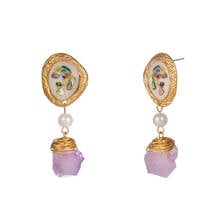 Light Yellow Gold Color Layer Irregular Shape Colorful Shell and Amethysts Stone Stud Earrings Ethnic Style Jewelry 2024 - buy cheap