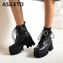 ASILETO-Botines con punta cuadrada para mujer, botas con plataforma y tacón de bloque de 9cm, con cordones y hebilla, remaches de cremallera, talla grande 44, Otoño, 2021, C2282 2024 - compra barato