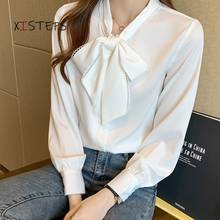Bow Tie Women Casual Shirts Long Sleeve White Blue Female Office Work Wear Blouses 2021 Spring Autumn Chiffon Shirts 2021 Tops 2024 - buy cheap