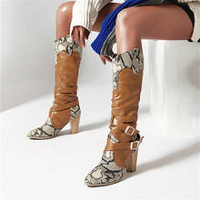 PXELENA-Botas de media caña estilo vaquero para mujer, zapatos de tacón alto y grueso, estilo occidental, hebilla militar, para invierno 2024 - compra barato