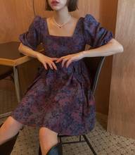 Puff sleeve square neck flower dress mini Korean A-line purple embroidery short dress 2021 summer retro woman chic 2024 - buy cheap