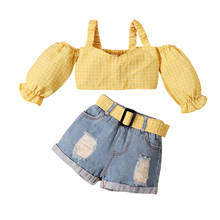 2021 От 0 до 5 лет модная детская одежда комплект детской одежды для маленьких девочек с открытыми плечами желтый плед печати Блузка + джинсовые шорты комплект одежды с ремнем для детей 2024 - купить недорого