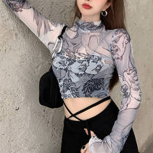 Print T-shirt Women Slim Bottomed Shirt for Women Hollow Out Mesh Tops Harajuku Thin Transparent Top High Street  T Shirt Female 2024 - buy cheap