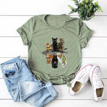 Camiseta con estampado de gato para mujer, camisetas Harajuku 100% de algodón, Camisetas estampadas de manga corta, camiseta oversize de verano 2021 2024 - compra barato