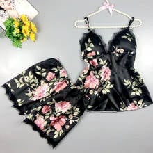 Sleep Lounge Pajama Set Sexy Satin Sleepwear Women Summer Pyjama Femme Fashion Flower Pajamas For Women With Chest Pad 2024 - buy cheap