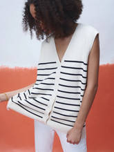 spring new women's V-neck wild simple striped knitted cardigan vest top 2024 - buy cheap