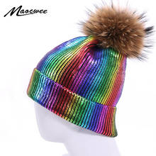 Knitted Bronzing Gold Silver Beanie Cap Pompom Winter Hats For Women Real Natural Fur Pom Pom Ball Ladies Girls Warm Skullies 2024 - buy cheap