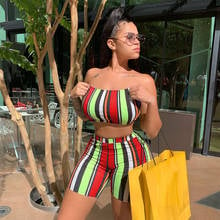 Sexy Beachwear Matching Sets for Women Off Shoulder Vertical Striped Slim Fit Crop Top and High Waist Biker Short 2 Piece Sets 2024 - buy cheap