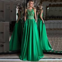 2021 Latest Summer Green Lace Evening Dresses Long A Line Sleeveless O Neck Wedding Party Gowns Corset Back Beaded Pocket 2024 - buy cheap