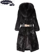 Women Rabbit Long Coat Thick Warm Overcoat Natural Fox Collar Coats Belted Slim Fit Real Fur Jacket Outwear 2024 - buy cheap