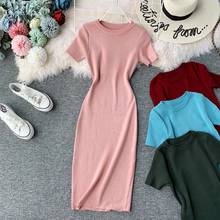 Knitted Dress Women slim fit solid color round neck Slim elastic knitting tight Vestidos Dresses Spring Summer Office Lady 2024 - buy cheap