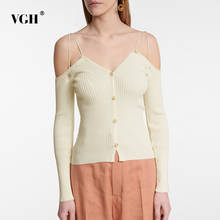 VGH-suéter Sexy con hombros descubiertos para mujer, Tops ajustados de manga larga con cuello de pico, Ropa nueva de punto, moda femenina, primavera 2021 2024 - compra barato