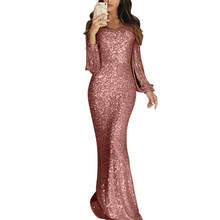 U-SWEAR Women Long Sleeves Tassel Sequins Evening Party Dress Ladies Cold Shoulder Sexy Bodycon Maxi Dress Robe Femme Vestidos 2024 - buy cheap