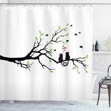 Cortina de banheiro de gato verde lima, cortina de chuveiro para gatos com amor de galho de árvore, pássaros voadores, natureza romântica, ilustração 2024 - compre barato
