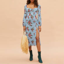 Dresses For Women 2021 Elegant Vintage Floral Dress Spring Autumn Long Sleeve Sweetheart Neck Sexy Side Slit Chiffon Midi Dress 2024 - buy cheap